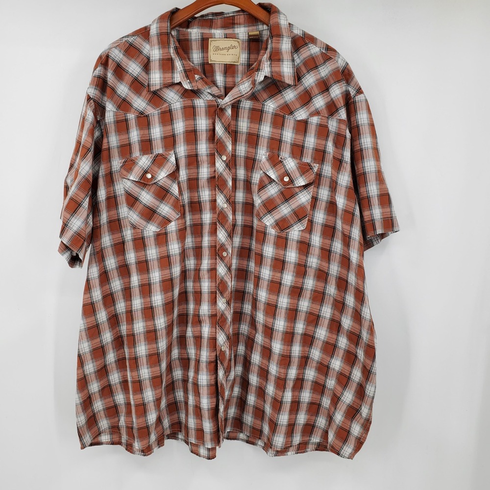 Wrangler Mens 5XL Western Plaid Short Sleeve Pearl Snap Button Shirt Ranchwear